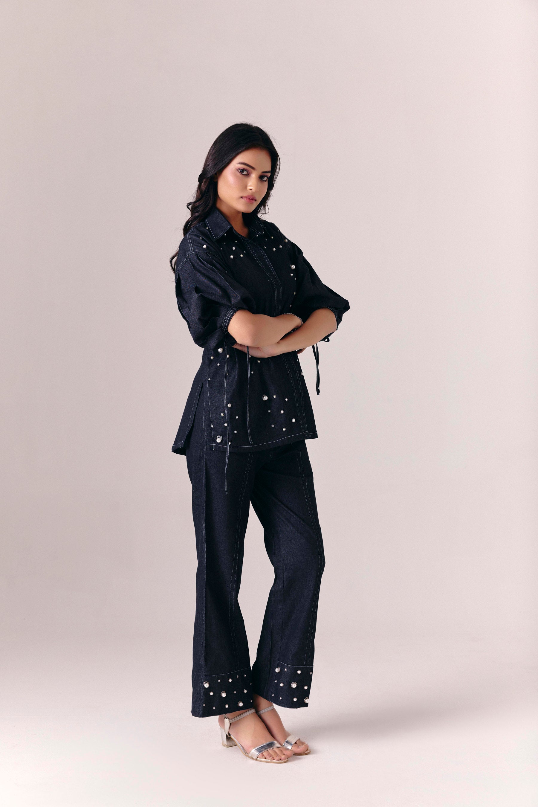Midnight Pearl Shirt with Noir Flare Pants