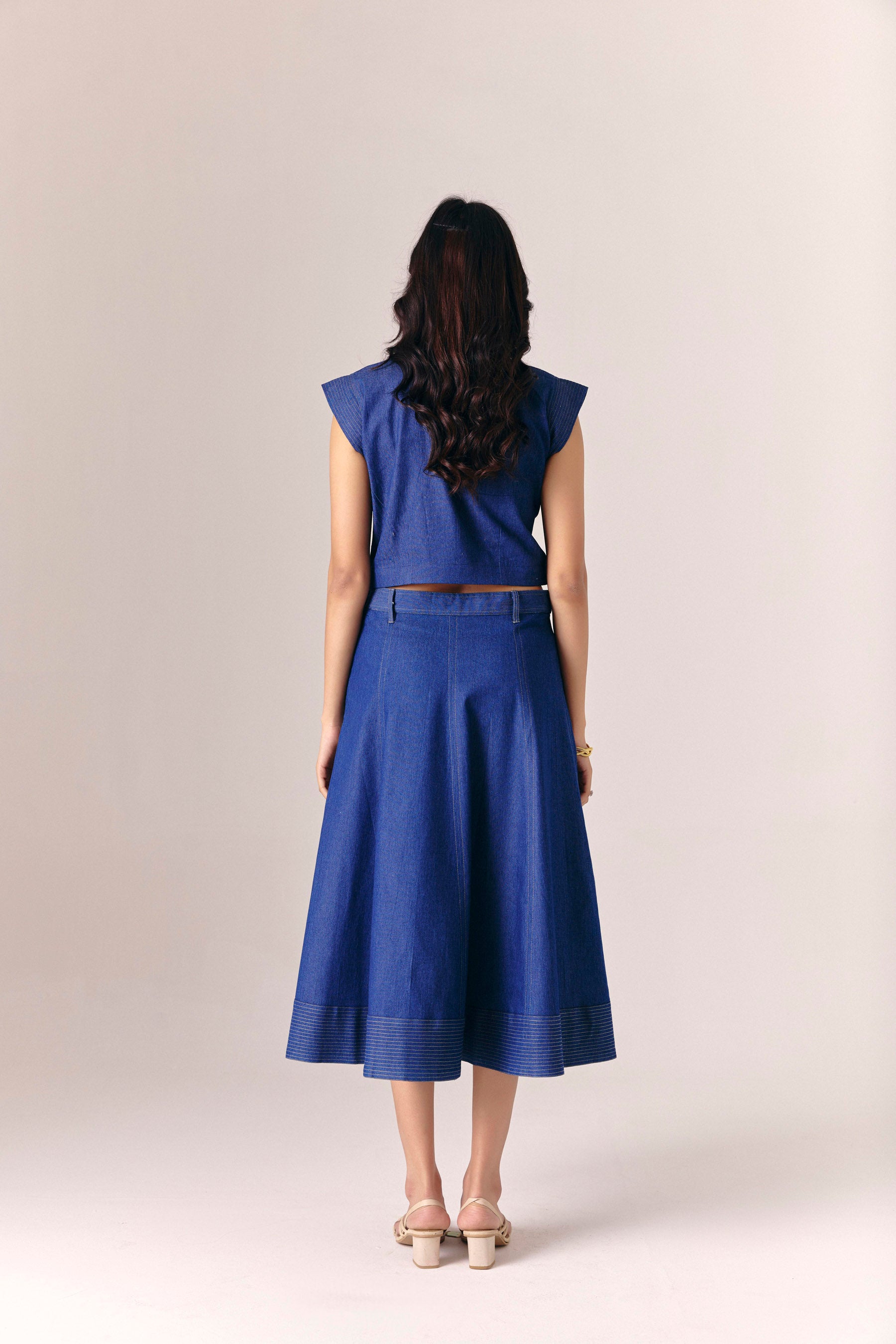 Gilded Denim Top With Flow Denim Skirt