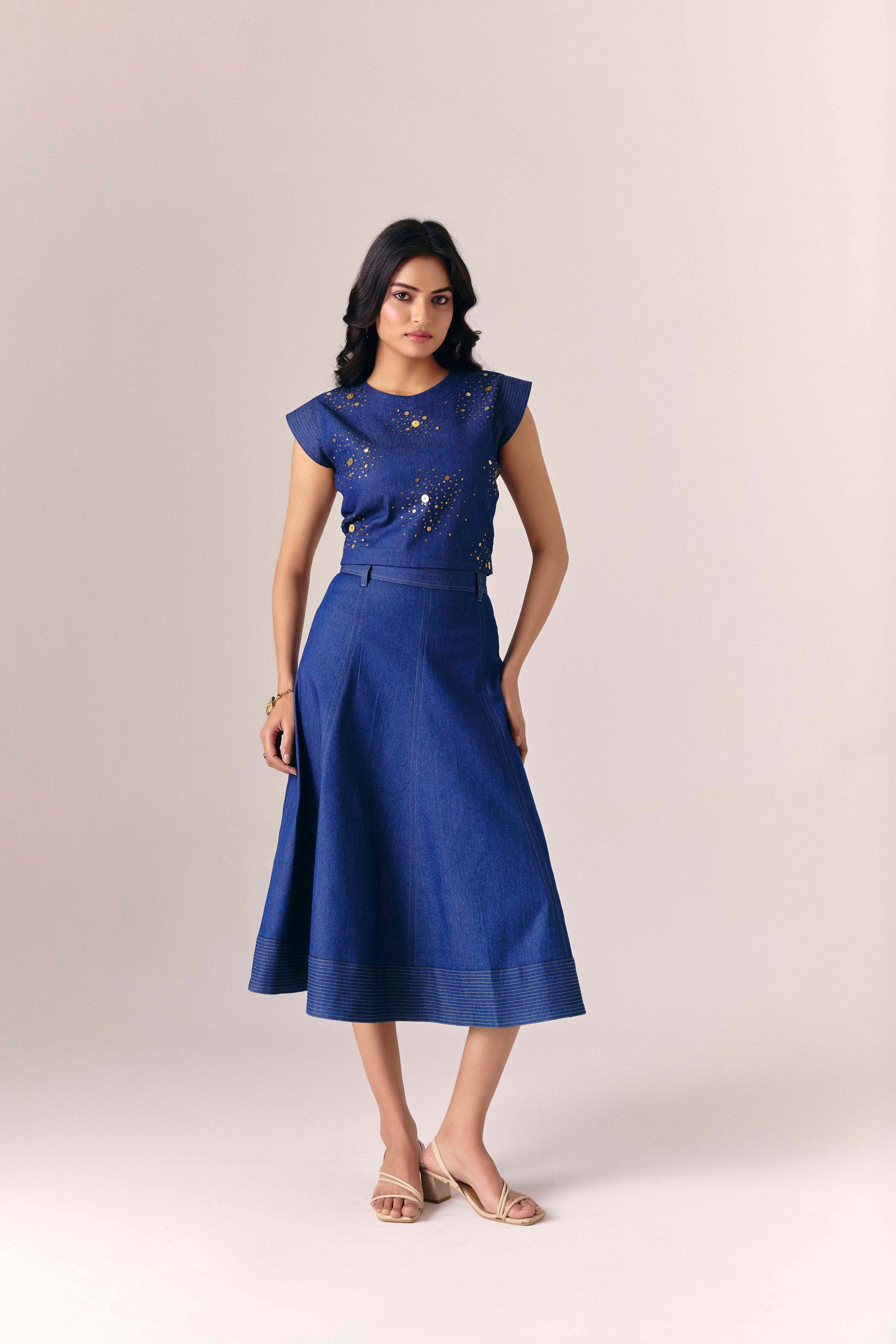 Gilded Denim Top With Flow Denim Skirt