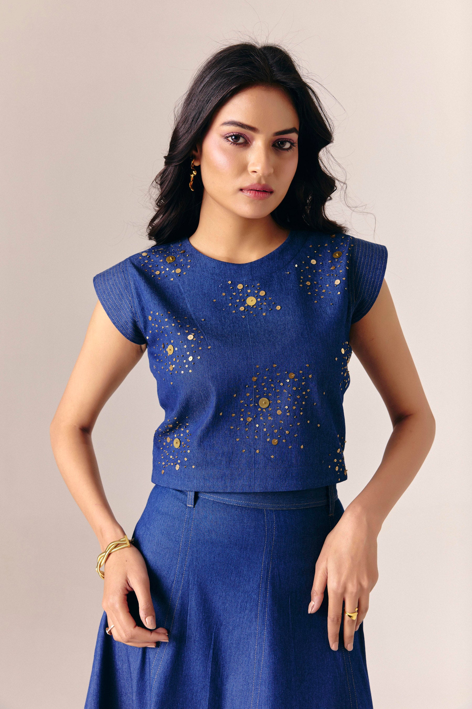 Gilded Denim Top With Flow Denim Skirt