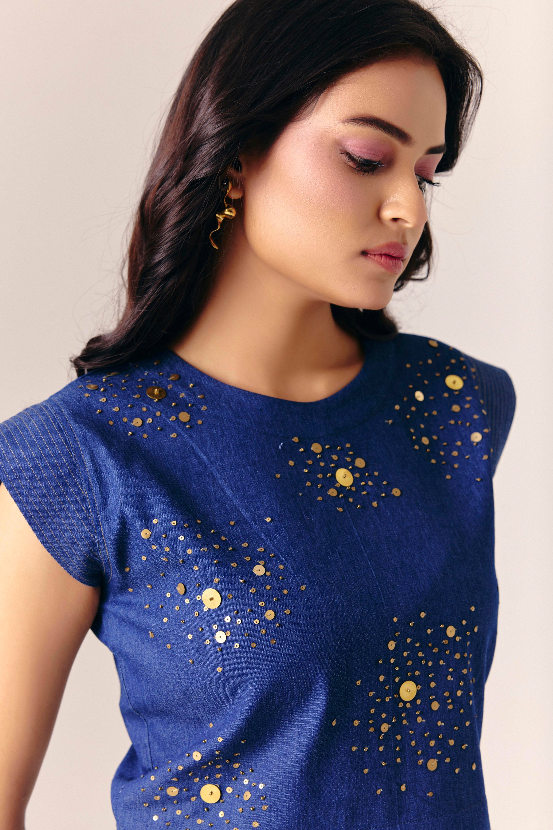 Gilded Denim Top With Flow Denim Skirt